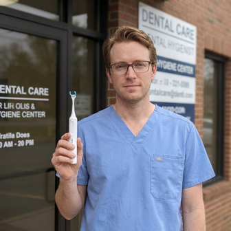 Dental hygienist holding Essoon outside his practice